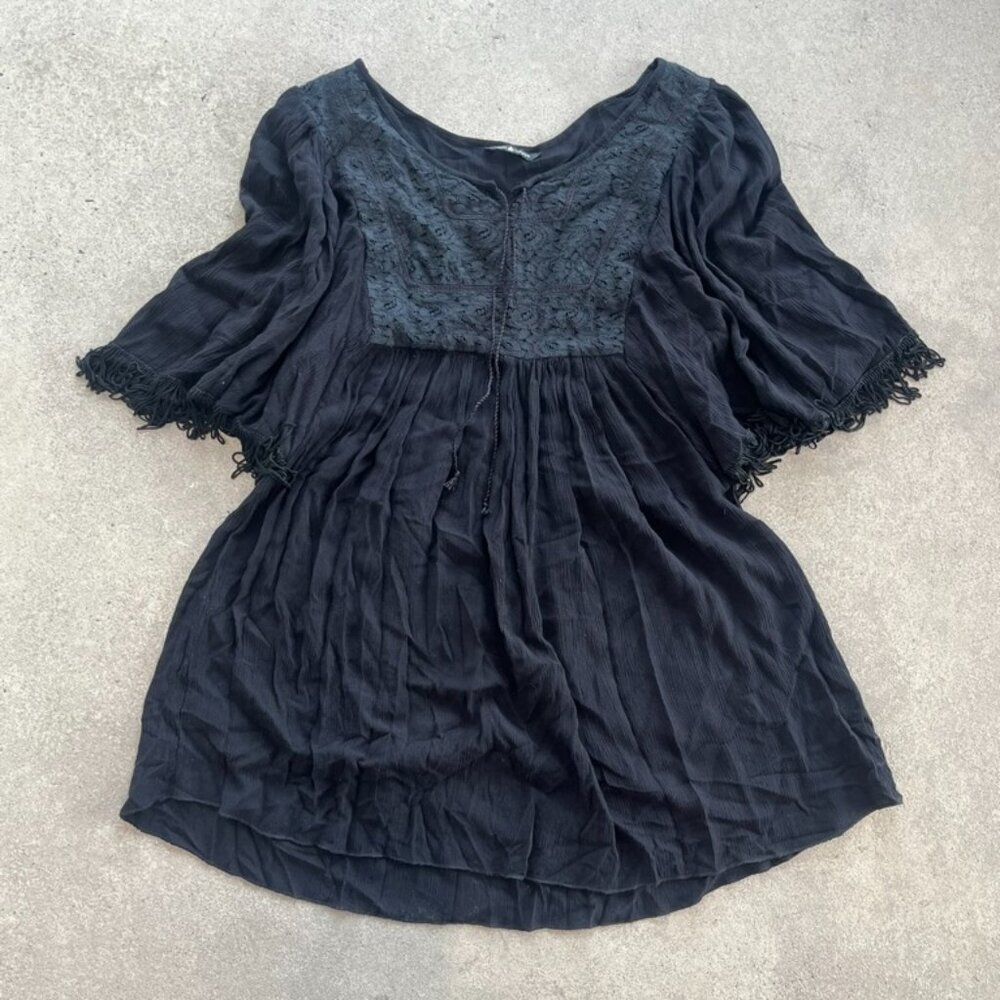Maison Coup Black Boho Dress XL Fits L Festival Fringe Sleeve Rayon Tunic - Picture 1 of 9